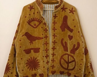 Gold Velvet Jacket | Boho Symbols Hand Embroidered Suzani Coat | Whimsical Festival Gift For Her