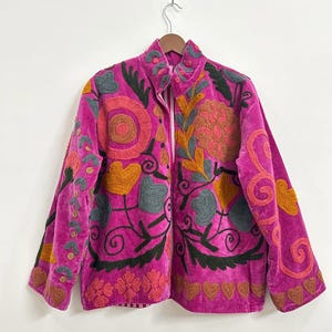 Handcrafted Velvet Suzani Embroidered Jacket: Indian Artisan Coat