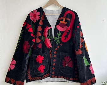 Handmade Velvet Suzani Jacket: Crimson Floral Embroidered Bohemian Coat | Short Jacket