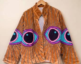 Evil Eye Velvet Jacket | Boho Embroidered Bomber Coat | Mystic Sunburst Kimono Festival Outerwear