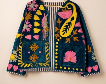 Teal Velvet Paisley Jacket | Embroidered Floral Bomber Coat | Cottagecore Folk Festival Outerwear