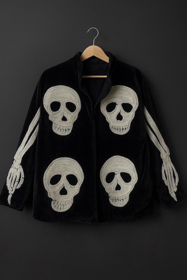 May include: Black jacket with embroidered white skulls and skeleton arms. The jacket features four skull designs on the front and skeleton arms extending from the sleeves. The jacket is hanging on a wooden hanger against a dark background.