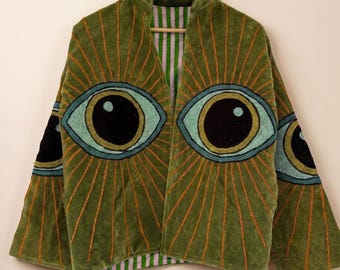 Green Evil Eye Jacket | Hand Embroidered Suzani Coat | Boho Velvet Festival Outerwear | Gift For Her