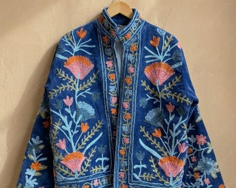 Boho Floral Velvet Suzani Embroidered One Of A Kind Jacket: Handmade Festival Coat | Women's Boho Outerwear | Artisan Embroidered Coat
