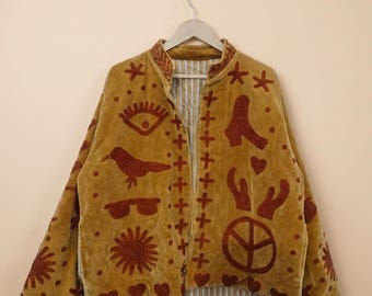Mystic Symbol Velvet Jacket | Boho Peace Sign Bomber Coat | Cottagecore Celestial Festival Outerwear
