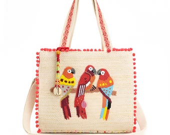 3D Handmade Beaded Parrot Tote Bag: Boho Embroidered Cotton Handbag