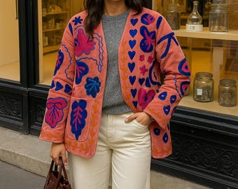 Velvet Suzani Embroidered Kimono Jacket: Boho Floral Art