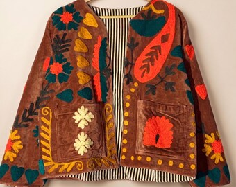 Boho Paisley Velvet Jacket | Embroidered Floral Bomber Coat | Cottagecore Folk Festival Outerwear