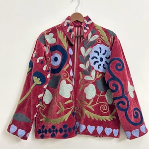 Handmade Velvet Suzani Embroidered Jacket: Boho Floral Coat