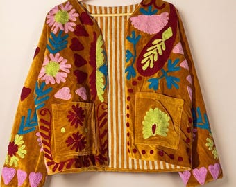 Boho Floral Velvet Jacket | Embroidered Heart Bomber Coat | Cottagecore Flower Festival Outerwear