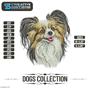 May include: An embroidered dog design from the Dogs Collection. The dog has brown, white, and black fur, with a pink tongue. The design is 5.20 inches wide and 5.85 inches high. The image includes the text "Creative Digitizing" and various file formats.