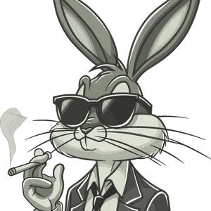 May include: A grayscale illustration of a cartoon rabbit wearing sunglasses and a suit, holding a lit cigar. The rabbit has long ears and a relaxed expression, with smoke rising from the cigar.