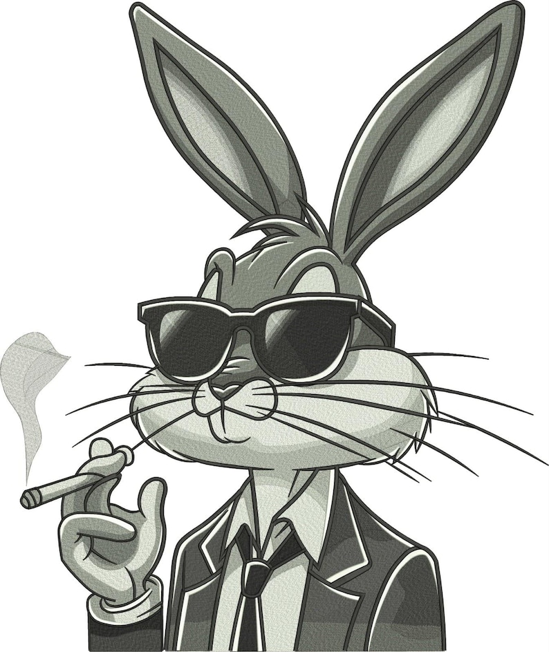 May include: A grayscale illustration of a cartoon rabbit wearing sunglasses and a suit, holding a lit cigar. The rabbit has long ears and a relaxed expression, with smoke rising from the cigar.