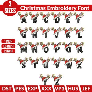 Puede incluir: Una fuente de bordado navideña con letras de la A a la Z, cada una adornada con un gorro de Papá Noel y cuernos de reno con luces de colores. La fuente está disponible en tres tamaños: 2,5 cm, 3,8 cm y 5 cm.