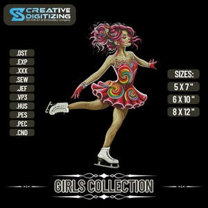 May include: An illustration of a figure skater in a red and rainbow-colored dress, with pink hair and white ice skates. The image includes the text "GIRLS COLLECTION" and size options of 5 x 7 inches, 6 x 10 inches, and 8 x 12 inches.