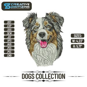 May include: An embroidered dog head design from the Dogs Collection. The dog has a white, brown, and black coat with a pink tongue. The design is 10.74 cm wide and 14.50 cm high. Includes the Creative Digitizing logo and file type options.