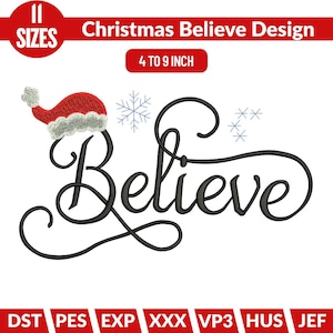 Könnte beinhalten: Weihnachtliches Design mit dem Wort „Believe“ in eleganter schwarzer Schrift. Verziert mit einem Weihnachtsmannhut und Schneeflocken. Erhältlich in Größen von 10,16 cm bis 22,86 cm.