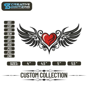 Puede incluir: Diseño bordado con un corazón rojo con alas negras y remolinos decorativos. El diseño está disponible en tamaños que van desde 10,16 cm a 13,97 cm. El texto "CUSTOM COLLECTION" se muestra debajo, junto con varias opciones de formato de archivo.