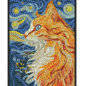 May include: Embroidered patch featuring a ginger cat in profile against a starry night sky. The cat has blue eyes and white whiskers. The background is a swirling pattern of blues, yellows, and oranges, reminiscent of a famous painting.