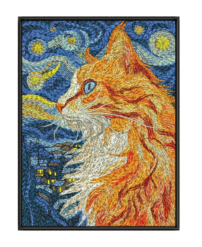 May include: Embroidered patch featuring a ginger cat in profile against a starry night sky. The cat has blue eyes and white whiskers. The background is a swirling pattern of blues, yellows, and oranges, reminiscent of a famous painting.