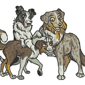 May include: An embroidered design featuring three dogs in a playful arrangement. The dogs are depicted in shades of brown, gray, and white, with detailed stitching. The dogs appear to be smiling, creating a cheerful and friendly image.