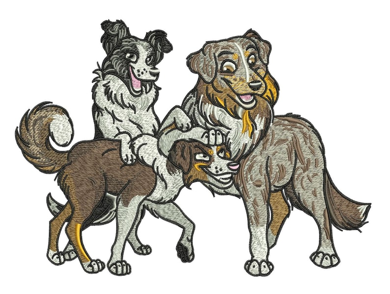 May include: An embroidered design featuring three dogs in a playful arrangement. The dogs are depicted in shades of brown, gray, and white, with detailed stitching. The dogs appear to be smiling, creating a cheerful and friendly image.