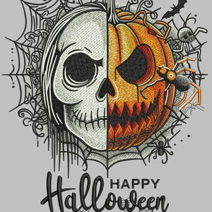 May include: A Halloween-themed design featuring a split image of a skull and a jack-o'-lantern. The design includes spiders, bats, and spiderwebs, with the words "Happy Halloween" in a script font.