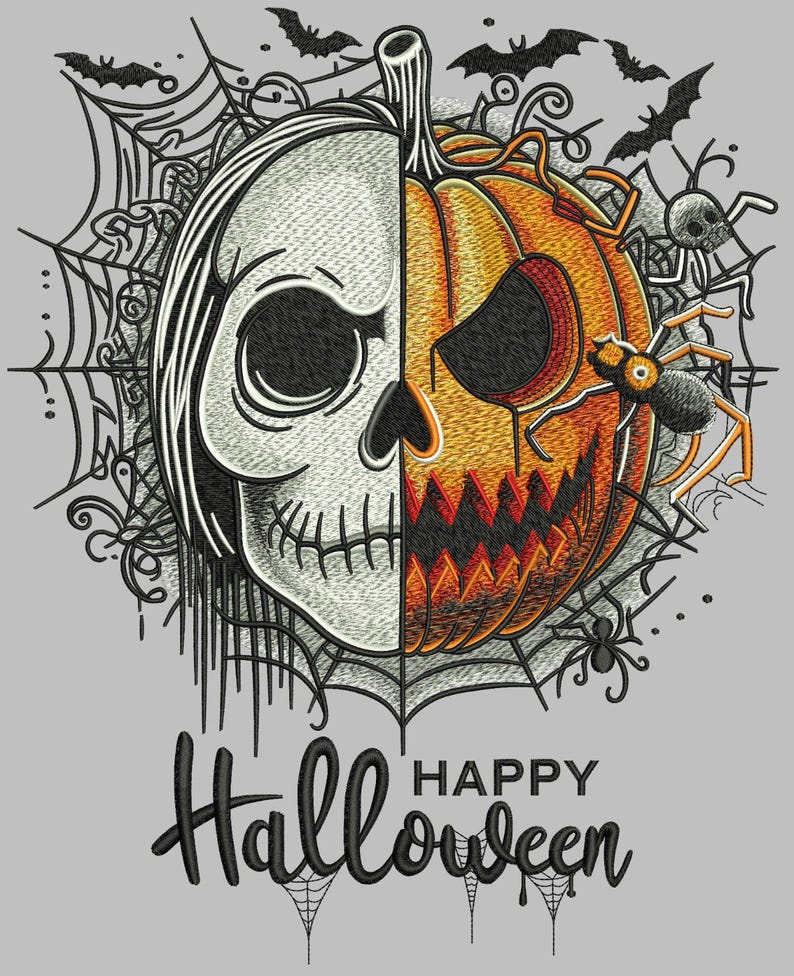 May include: A Halloween-themed design featuring a split image of a skull and a jack-o'-lantern. The design includes spiders, bats, and spiderwebs, with the words "Happy Halloween" in a script font.