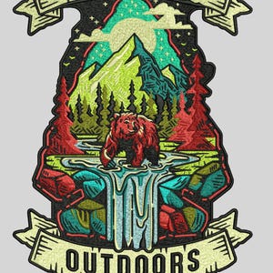 May include: Embroidered patch with a nature scene. A brown bear stands in a stream in front of a mountain range, trees, and a waterfall. The patch has the words "LIVE" and "OUTDOORS" in a banner.