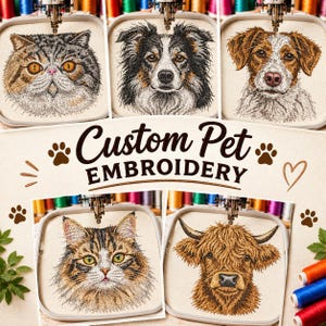 May include: Custom Pet Embroidery text centered above five embroidery hoops containing detailed stitched portraits of a cat, a dog, another dog, a tabby cat, and a highland cow, all displayed on a light fabric background with paw prints.