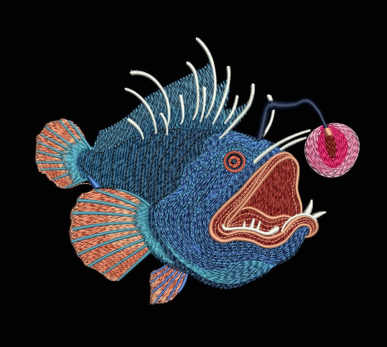 May include: Embroidered anglerfish design in shades of blue, orange, and red on a black background. The fish has an open mouth, a glowing lure, and detailed stitching. The design is suitable for apparel or home decor.