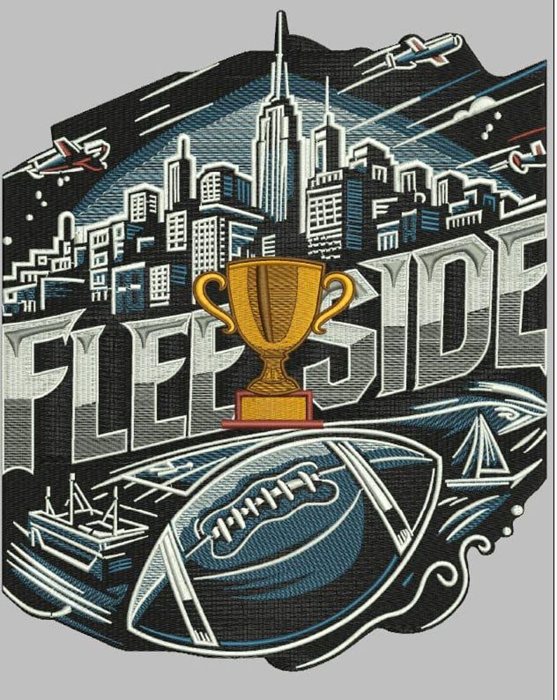 May include: Embroidered design featuring the word "FLEETSIDE" in bold, stylized letters. A gold trophy sits above a football, with a cityscape and airplanes in the background. The design incorporates shades of blue, gold, and white.