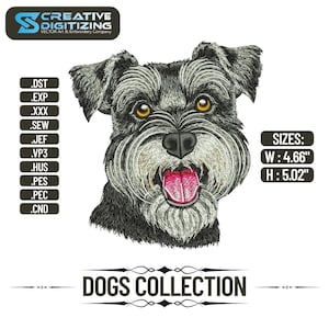 Op de afbeelding: Geborduurd ontwerp van een Schnauzer-hond met een grijs en zwarte vacht, open mond en roze tong. Het ontwerp is getiteld "DOGS COLLECTION" en bevat maatdetails: breedte 11,8 cm, hoogte 12,7 cm.