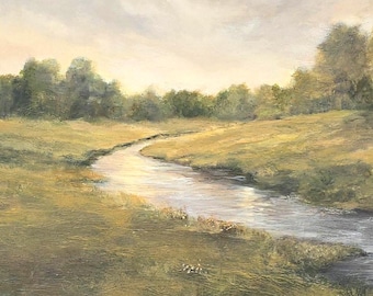 Large Original Landscape Painting 30x60 | Moody Countryside River Wall Art | Oversized Original Canvas | One of a Kind Statement Artwork