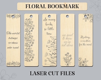5 Floral bookmark svg bundle, Wooden bookmark template, Engraved bookmark laser cut files Book lover gift Teacher gift svg Glowforge, Cricut