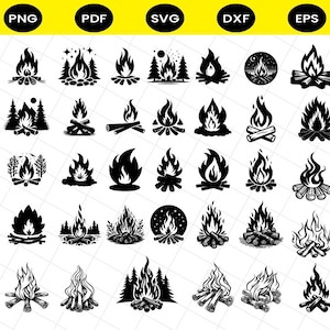 May include: A selection of black and white bonfire illustrations in diverse styles. The designs feature campfires with flames, logs, and some with trees and stars. Formats include PNG, PDF, SVG, DXF, and EPS.