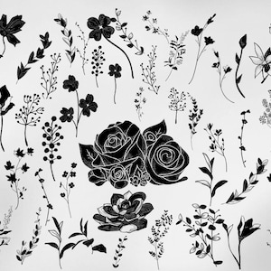 Elegante colección de arte floral lineal / Ilustraciones botánicas en blanco y negro / Descarga digital SVG y PNG / Diseño floral para proyectos de bricolaje