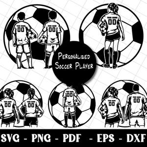May include: A monochrome graphic featuring soccer players with soccer balls. The players' jerseys display "YOUR NAME" and the number "00". The image includes the text "PERSONALIZED SOCCER PLAYER" and file type options.