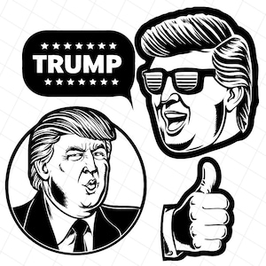 Puede incluir: Ilustraciones gr&aacute;ficas en blanco y negro que presentan un retrato de un hombre, un gesto de pulgar hacia arriba y una burbuja de di&aacute;logo con la palabra "TRUMP". Un retrato est&aacute; en un c&iacute;rculo, y otro muestra al hombre con gafas de sol.