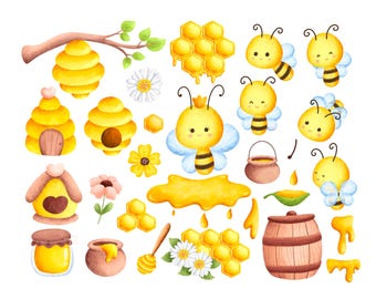 Little bee Clipart Pack png, watercolor illustration, party supplies, cute bee, honey, flowers png, honeycomb png, hive, Instant download