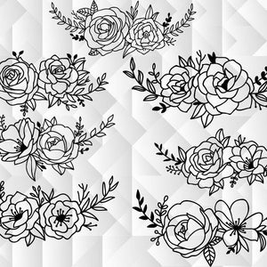 Dessin au trait floral, dessin au trait botanique SVG, clipart, fleurs de mariage, fleurs et plantes vectorielles dessinées à la main, usage Commercial