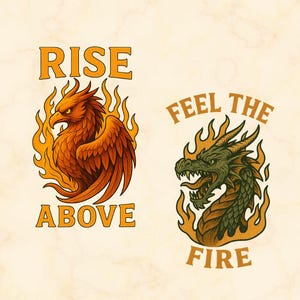 Mythische vuurwezens PNG-bundel, draak, Phoenix Flame Art, vintage fantasy tattoo-stijl, transparante achtergrond voor sublimatie, kleding
