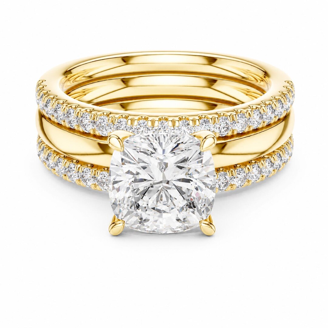 Round Cut Moissanite Bridal Ring Set, Yellow Gold Wedding Stackable ...