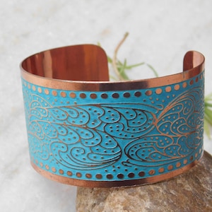 Solid Copper Statement Patina Cuff Bracelet with floral design ,Rustic verdigris blue patina ,Bracelet Cuff Arthritis Adjustable