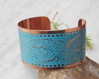 Patina Kupfer Armreif: Florales Design, verstellbarer Armreif