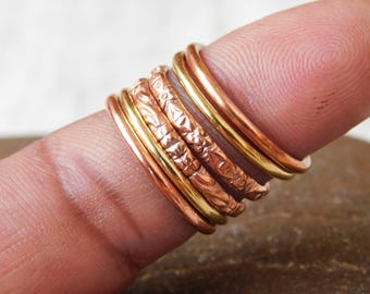 Hammered Copper & Brass Stackable Rings - Boho Midi Ring Set