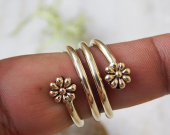 Floral Brass Spiral Ring: Adjustable Flower Wrap, Artisan Jewelry