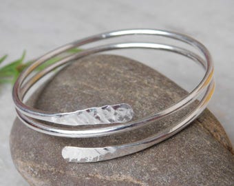 Handcrafted Sterling Silver Wrap Bangle: Adjustable Hammered Wire Design
