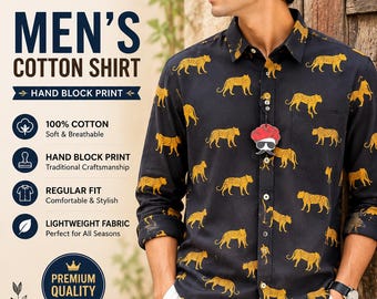 Men's Black Leopard Print Cotton Shirt | Hand Block Print Boho Style