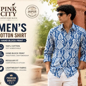 Men's Blue Ikat Cotton Shirt | Casual Button Down Shirt | Boho Summer Shirt | Gift for Him  | Lightweight Button-Down